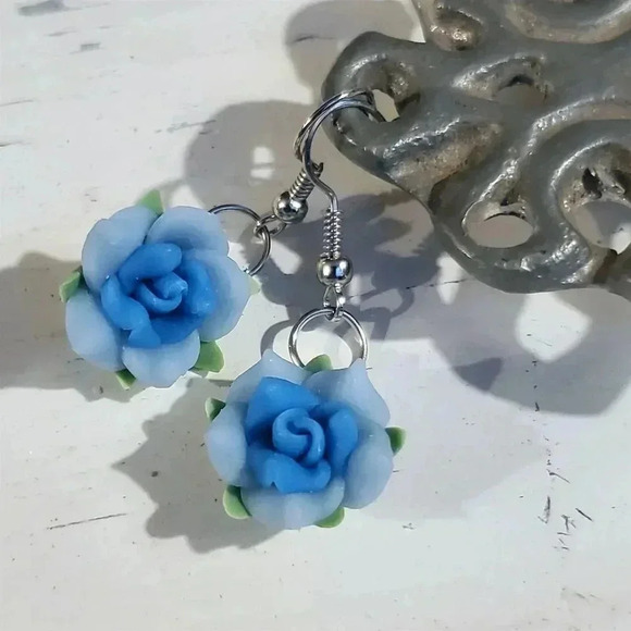 Handcrafted Fimo Polymer Clay Blue Rose Flower Bead Dangle Earrings - Picture 1 of 5